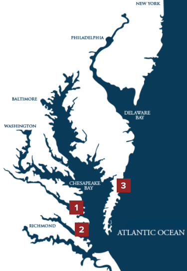 Chesapeake Bay showing locations of our oyster farms